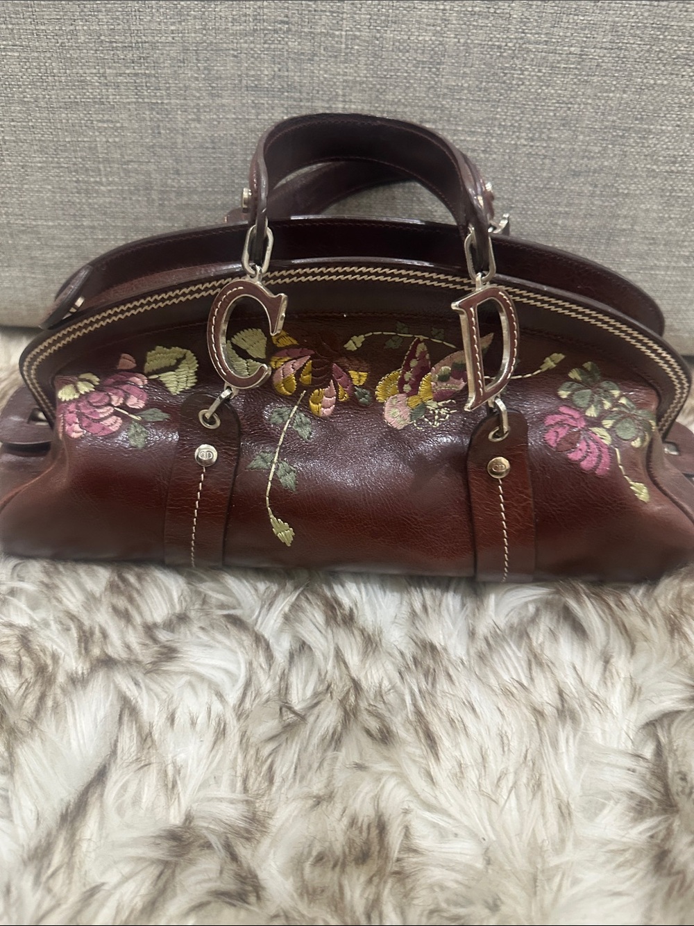 DIOR Burgundy -Dark Brown leather CD Bag with Pink & Green Floral Embroidery - Picture 12 of 14